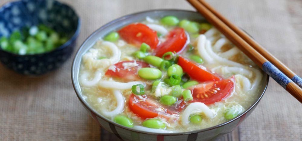 Tomatoes, Edamame and Eggs Udon Soup Bowl