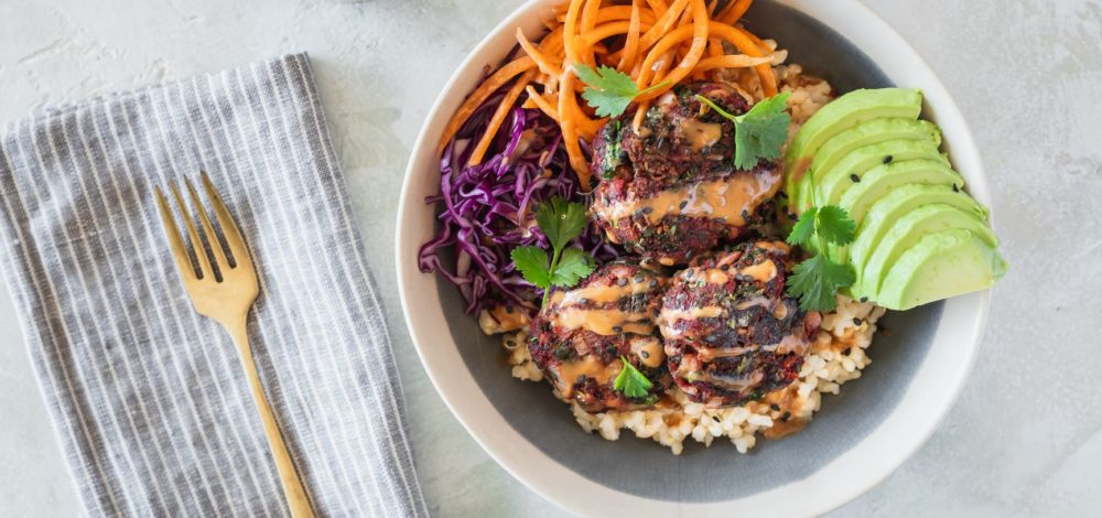 Juice Pulp Fritter Buddha Bowls with Peanut Sauce