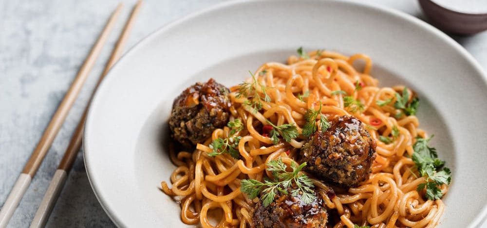 Sweet Chili Vegan Meatballs and Noodles