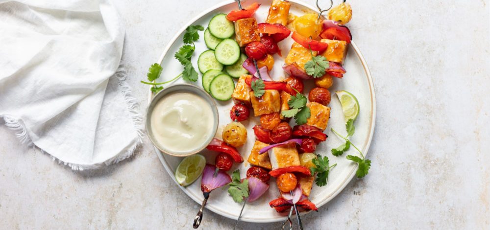 Teriyaki Veggie Skewers with Tofu Garlic Ginger Dip