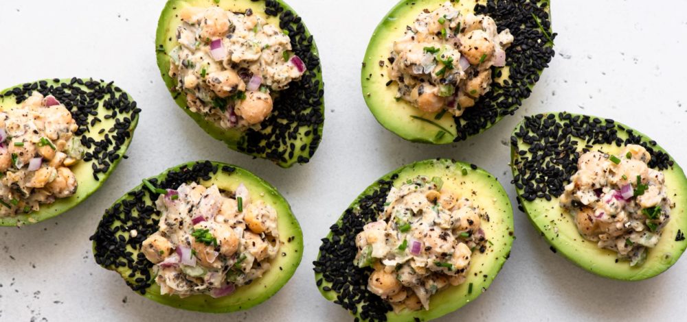 Wasabi Seaweed Chickpea Salad Stuffed Avocados