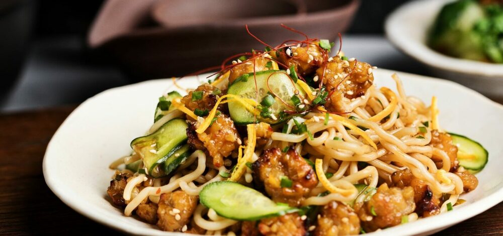 Orange-Teriyaki Glazed Tempeh Crumble Noodle Bowls