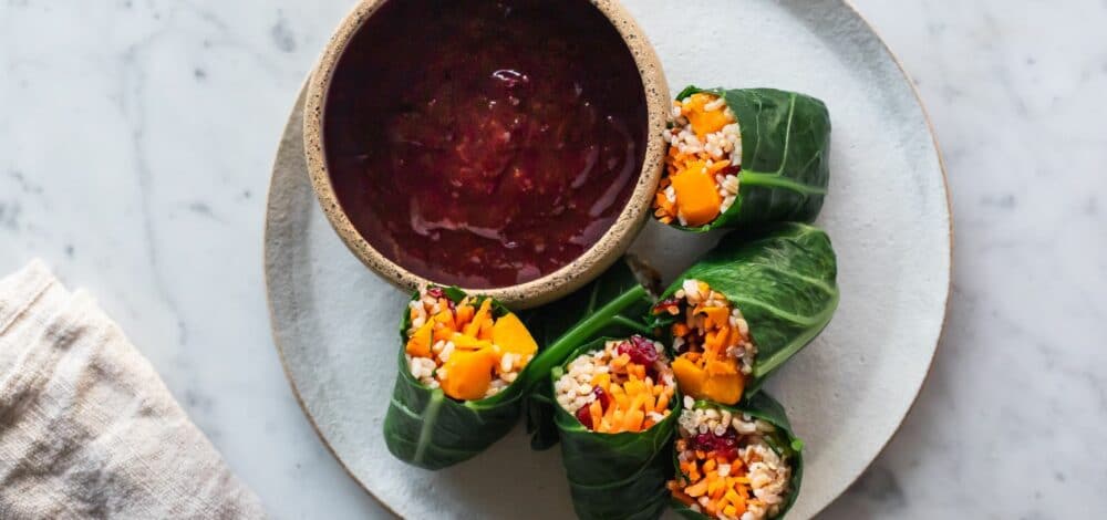 Collard Green Rolls with Orange Cranberry Sauce