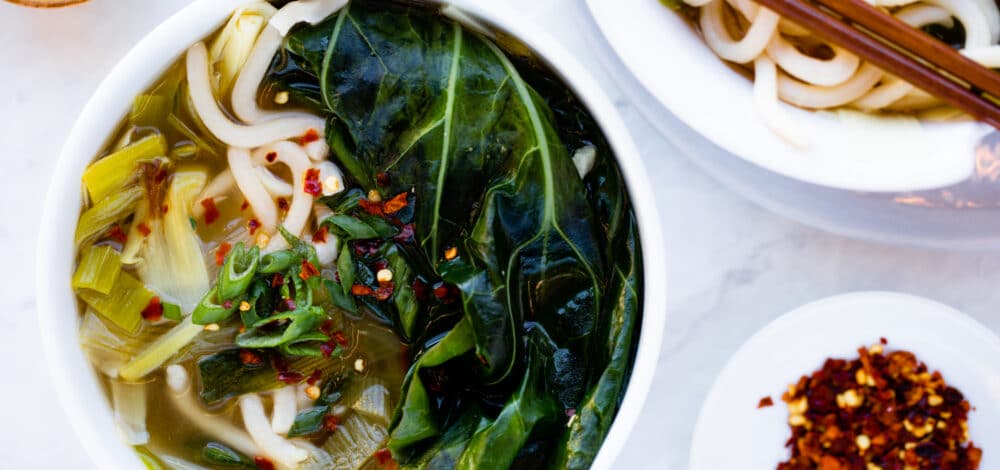 Udon Soup With Leek & Mustard Greens