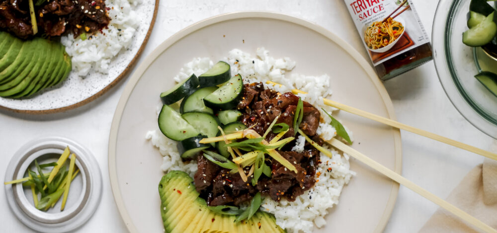 Teriyaki Beef Bowls with Cucumber and Avocado